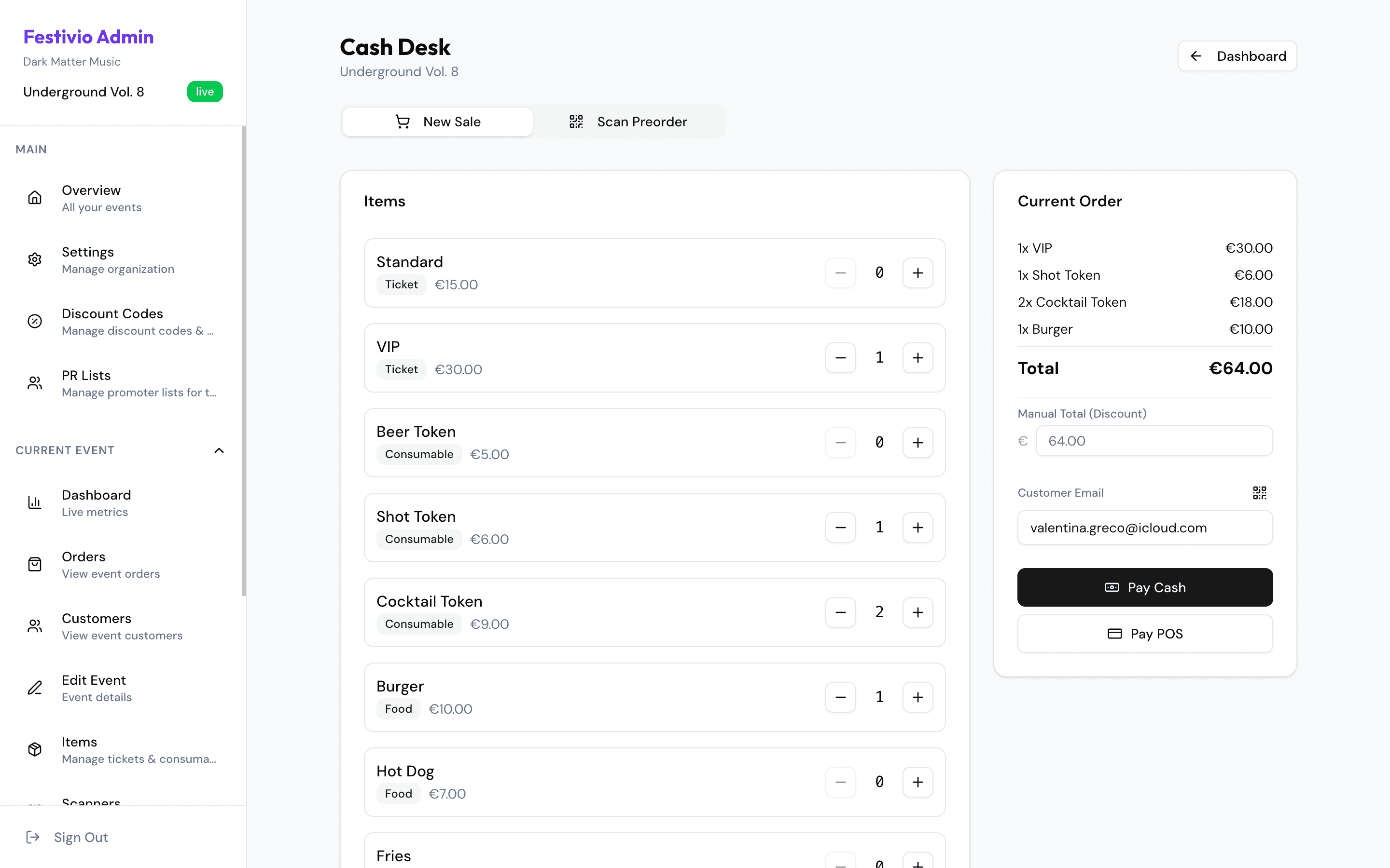 Festivio cash desk screenshot